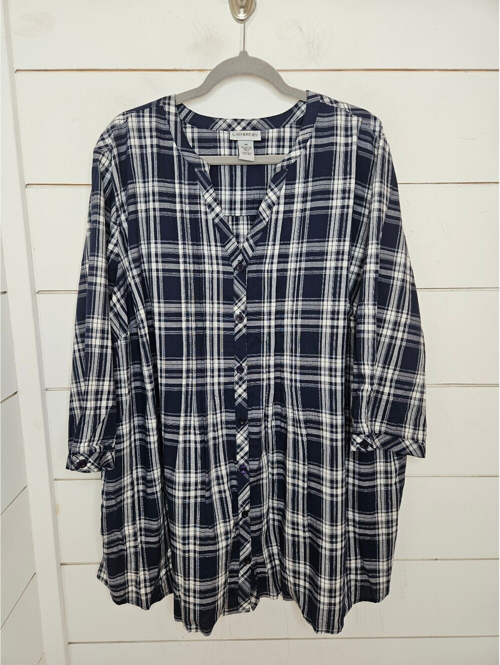 Catherines 3X navy blue & white plaid relaxed fit button down shirt